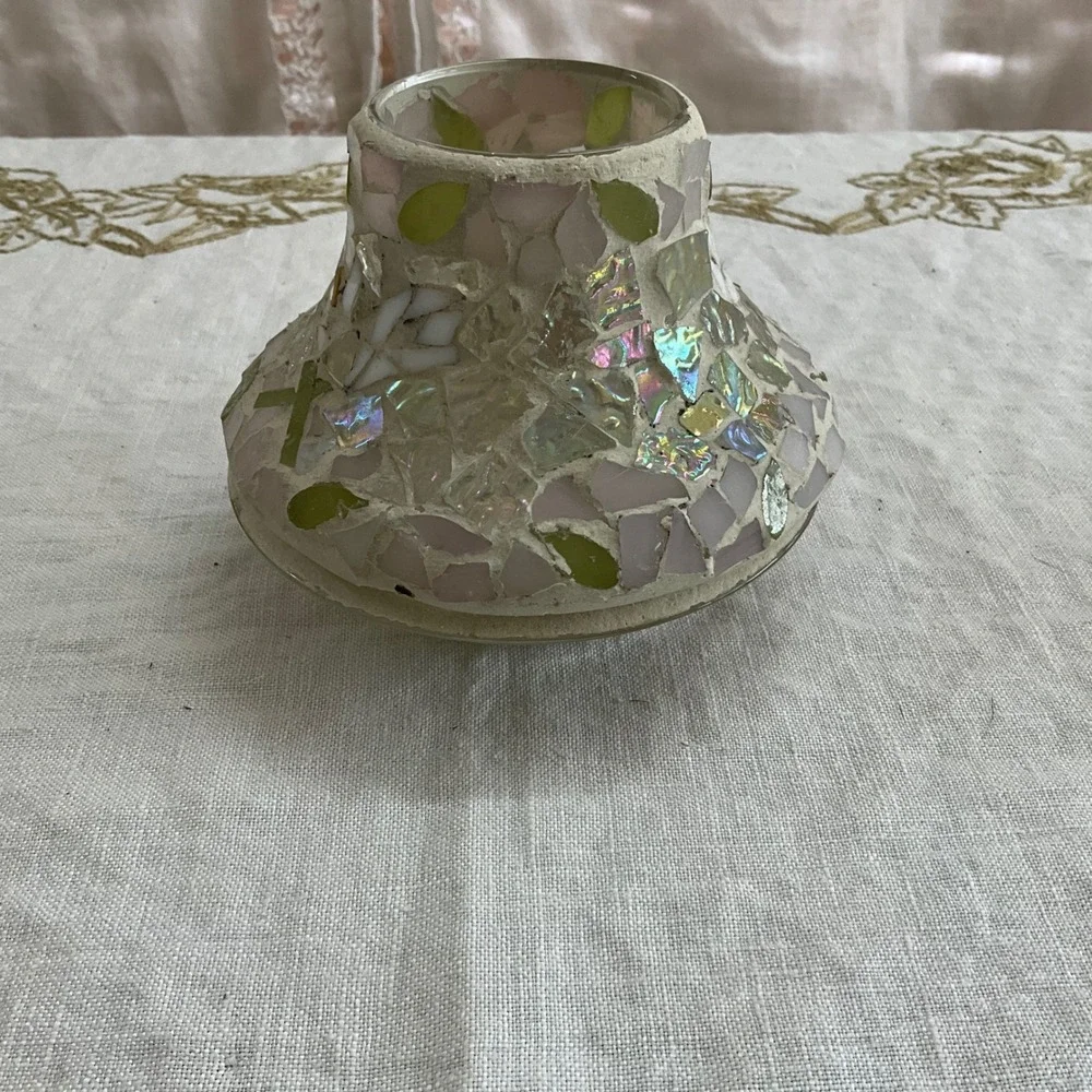 Yankee Candle Mosaic Glass Shade Tray Pink Green Iridescent Floral Fairy Lamp